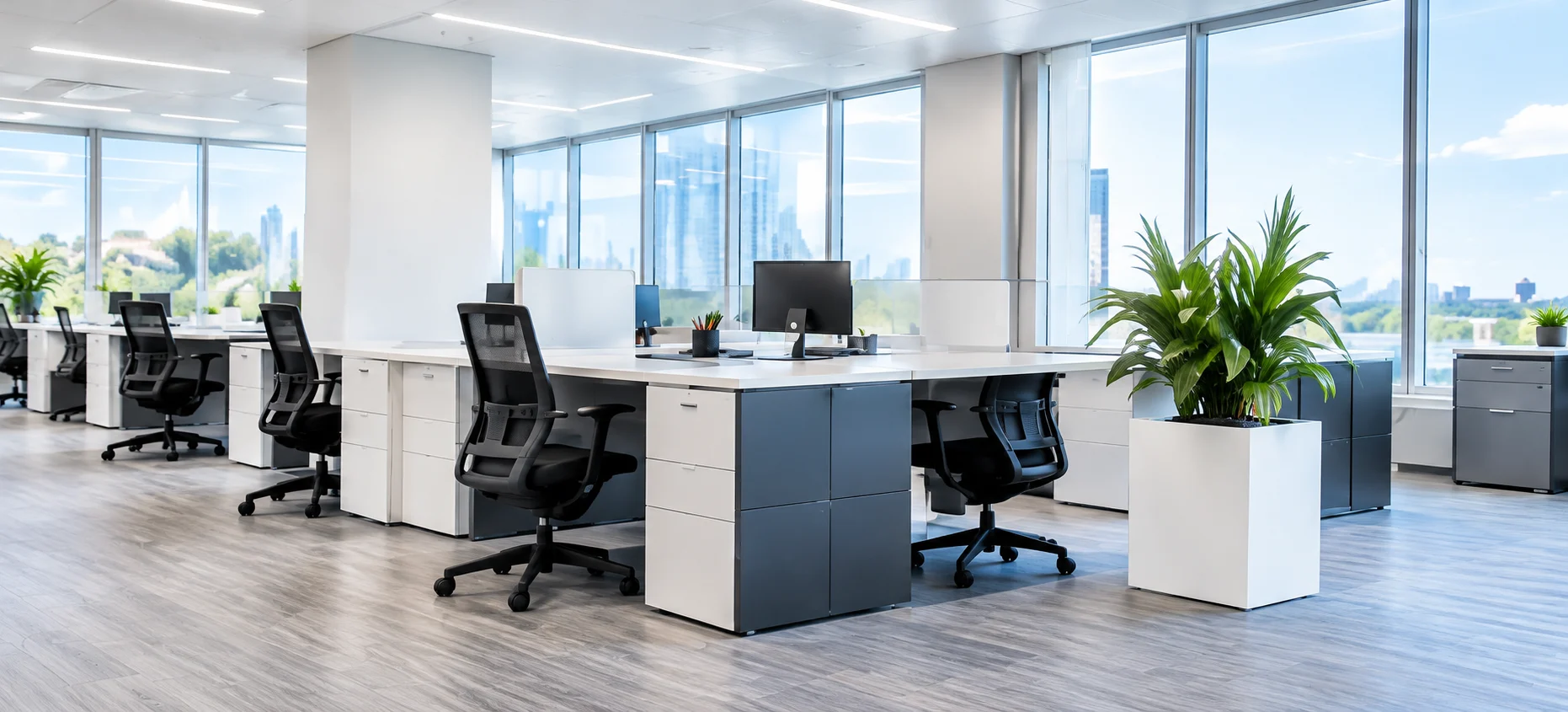 Bright modern office with white desks, black chairs, large windows, and a leafy plant