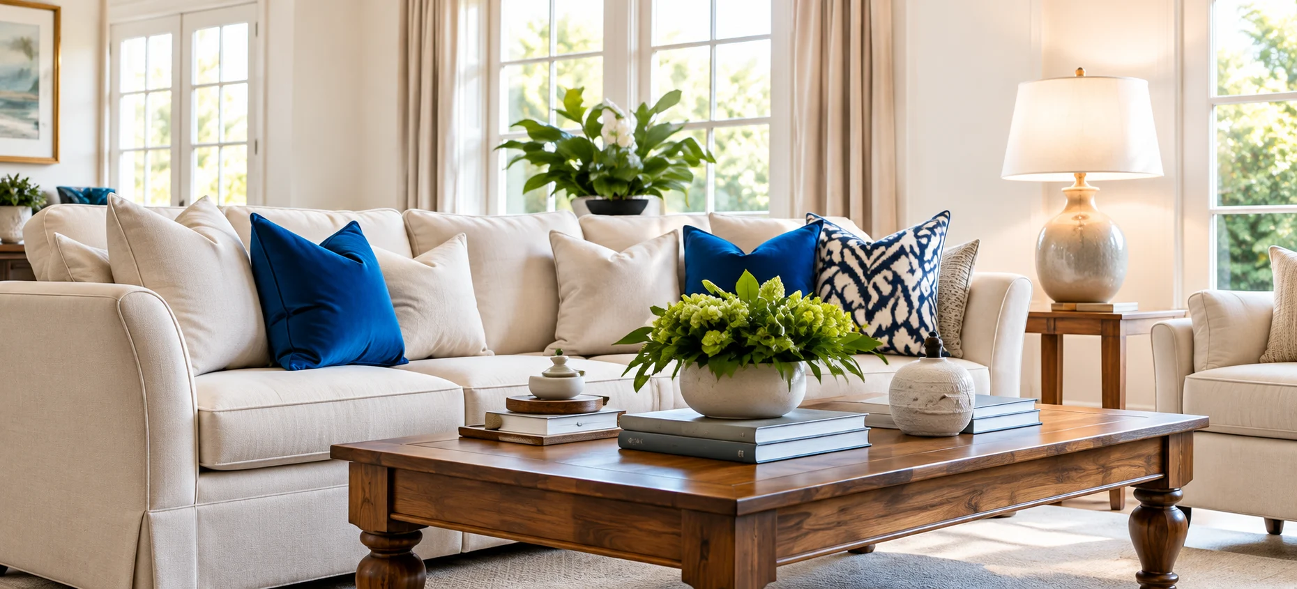 Bright cream living room with sapphire blue cushions, walnut coffee table, and sunlit windows