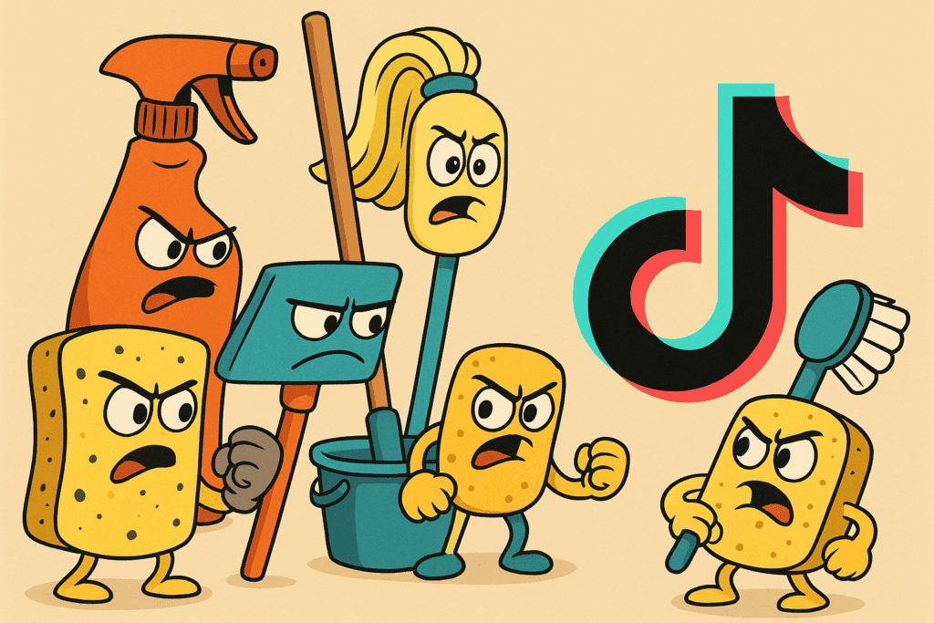 Cartoon cleaning tools confronting the TikTok logo, illustrating JTB Cleaning’s warning against viral cleaning hacks
