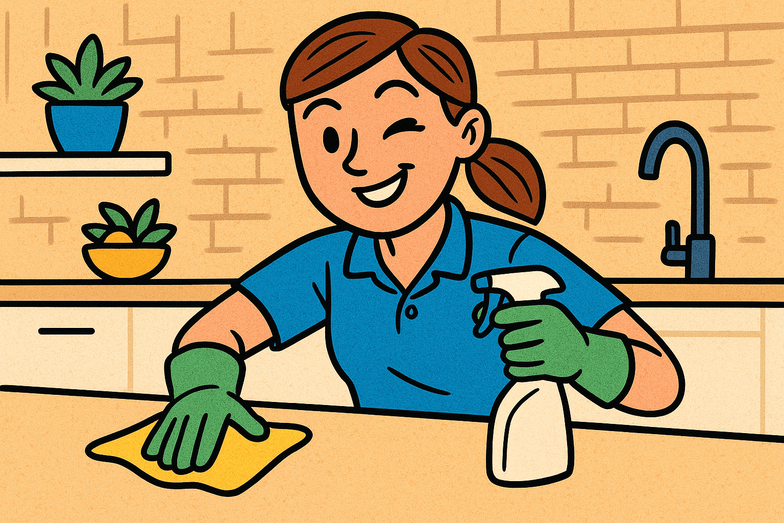 Cartoon illustration of a smiling JTB Cleaning professional wiping a kitchen counter with a spray bottle, representing cleaning tips and insider secrets