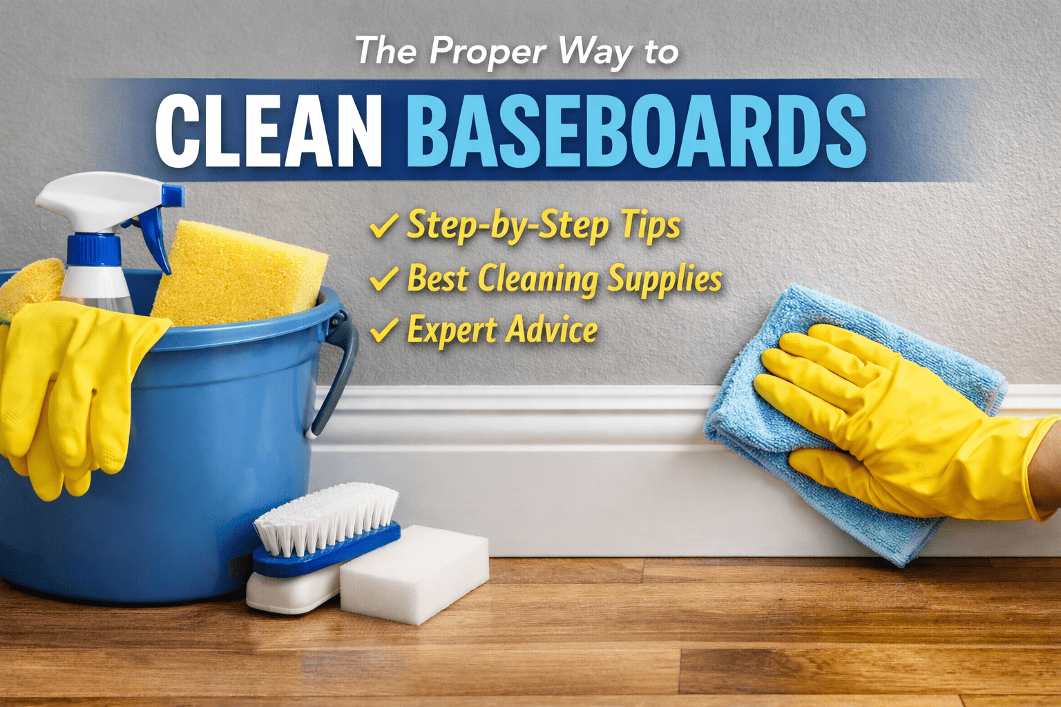 Cleaning baseboards with a microfiber cloth and household cleaning supplies.