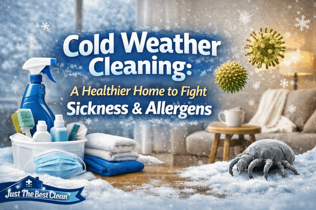 Winter home cleaning scene with cleaning supplies, snow effects, and allergen particles
