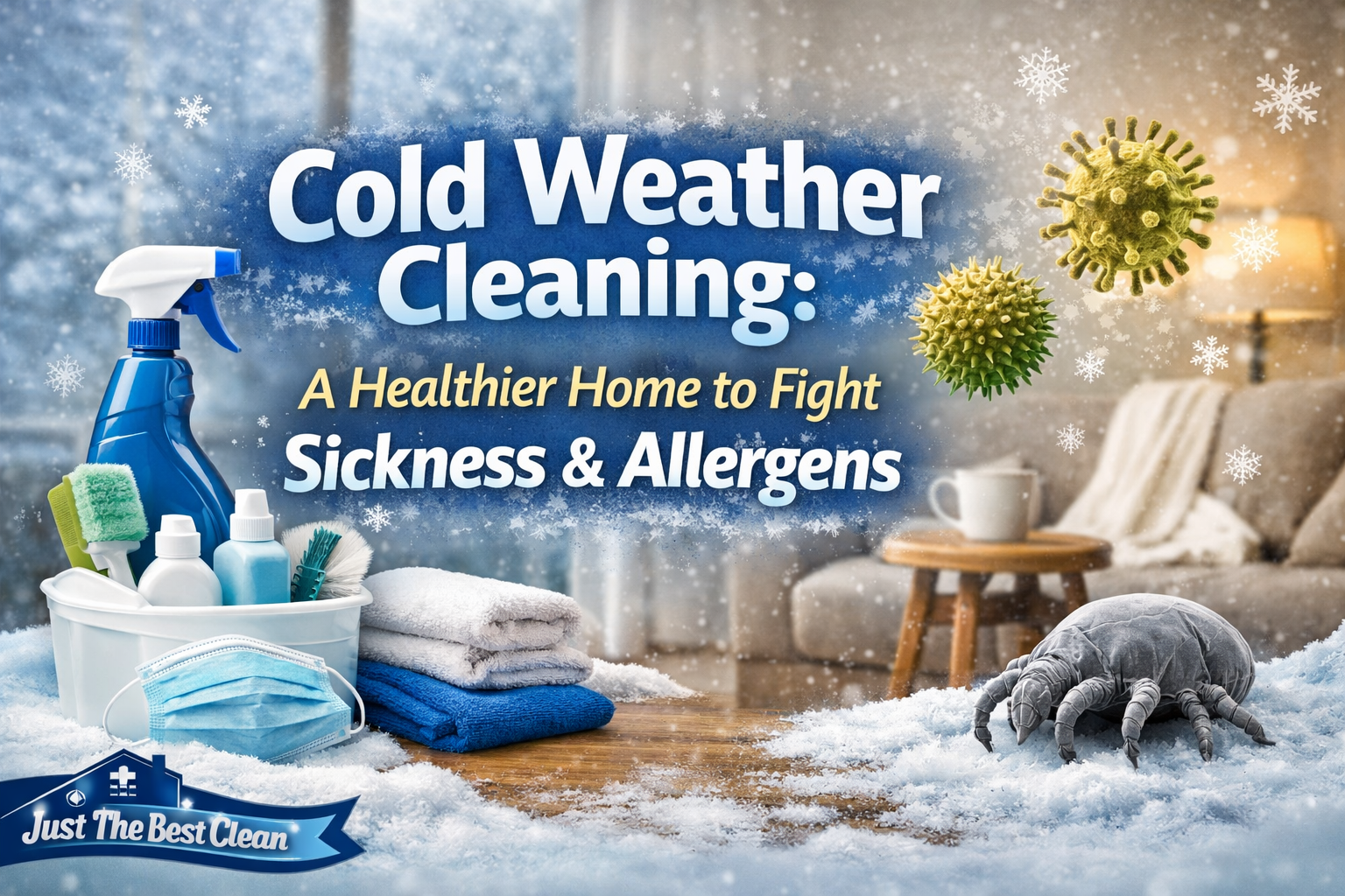 Winter home cleaning scene with cleaning supplies, snow effects, and allergen particles