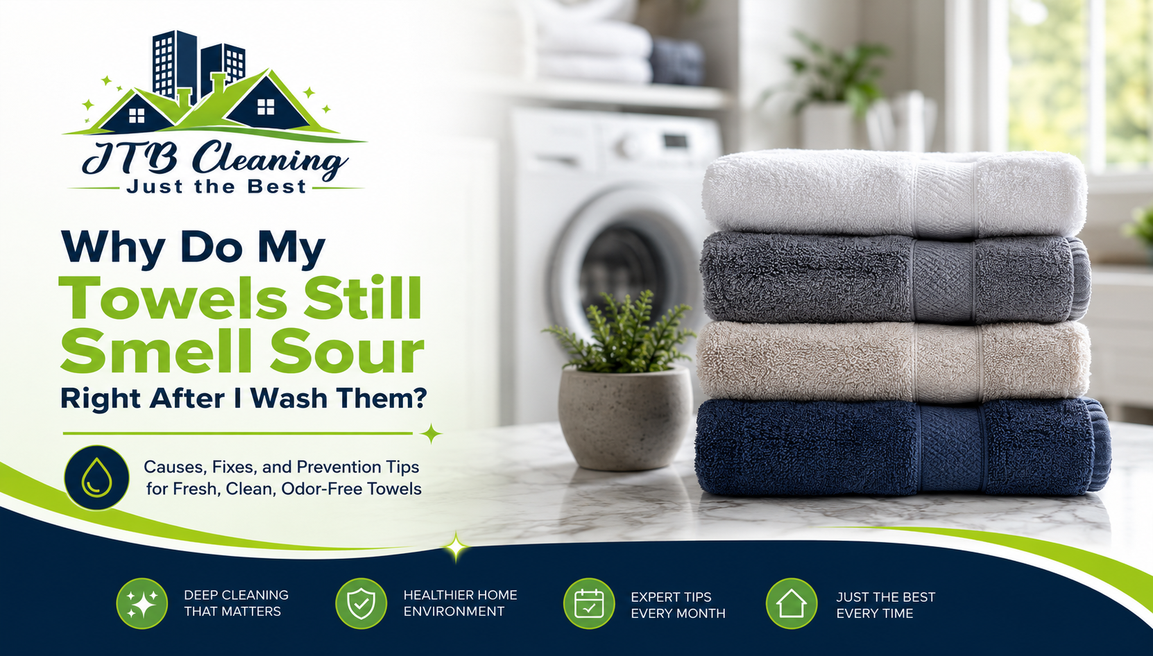 Fresh folded towels with the headline Why Do My Towels Still Smell Sour Right After I Wash Them