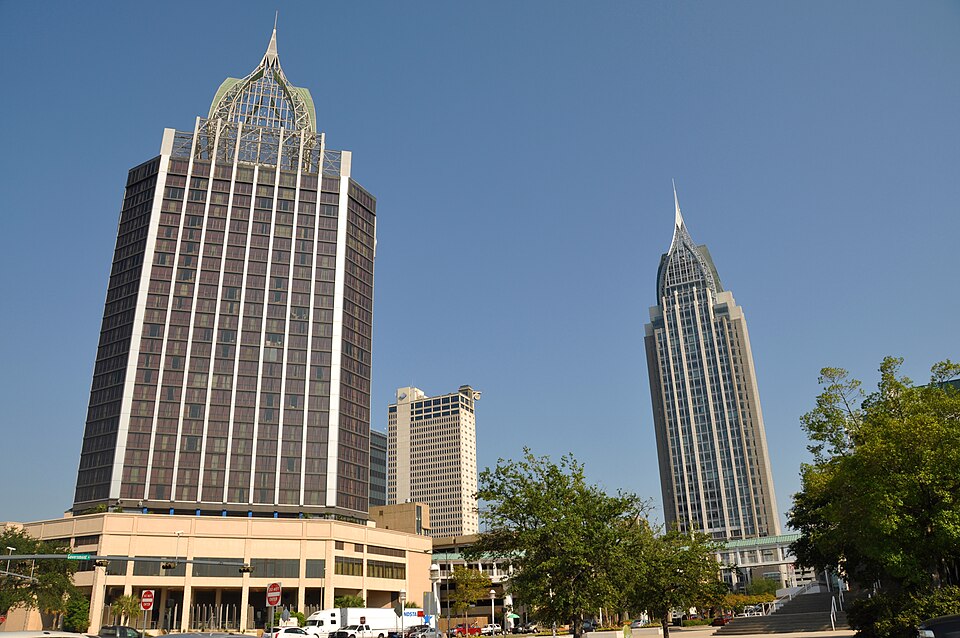 Downtown Mobile skyline with its recognizable towers in Alabama