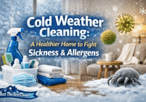 Winter home cleaning scene with cleaning supplies, snow effects, and allergen particles