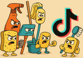Cartoon cleaning tools confronting the TikTok logo, illustrating JTB Cleaning’s warning against viral cleaning hacks