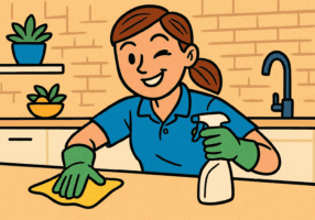 Cartoon illustration of a smiling JTB Cleaning professional wiping a kitchen counter with a spray bottle, representing cleaning tips and insider secrets